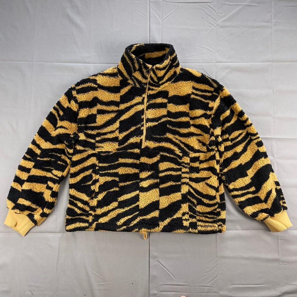 Billabong Men's M Black Gold Animal Print Faux Fur Fleece Jacket Full Zip 100
